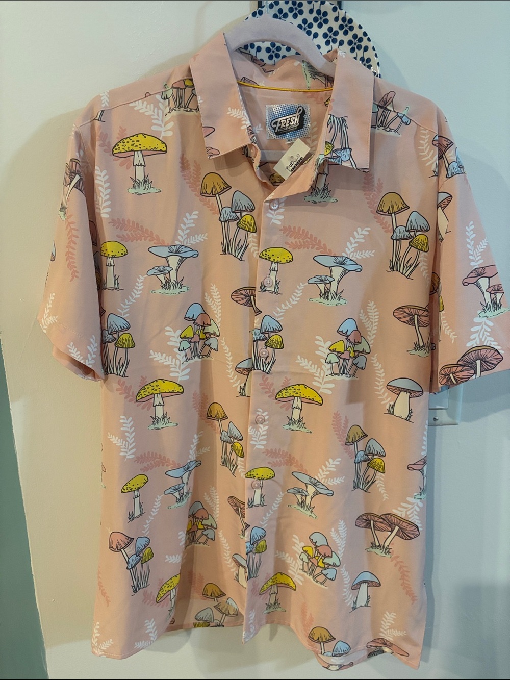 NWT Fresh  Pink Short-Sleeve Button-Up Shirt with Multicolor Mushroom Print